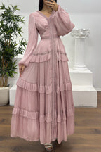 Luxury Rhinestone Embellished V-Neck Lace Patchwork Maxi Dress-Pink