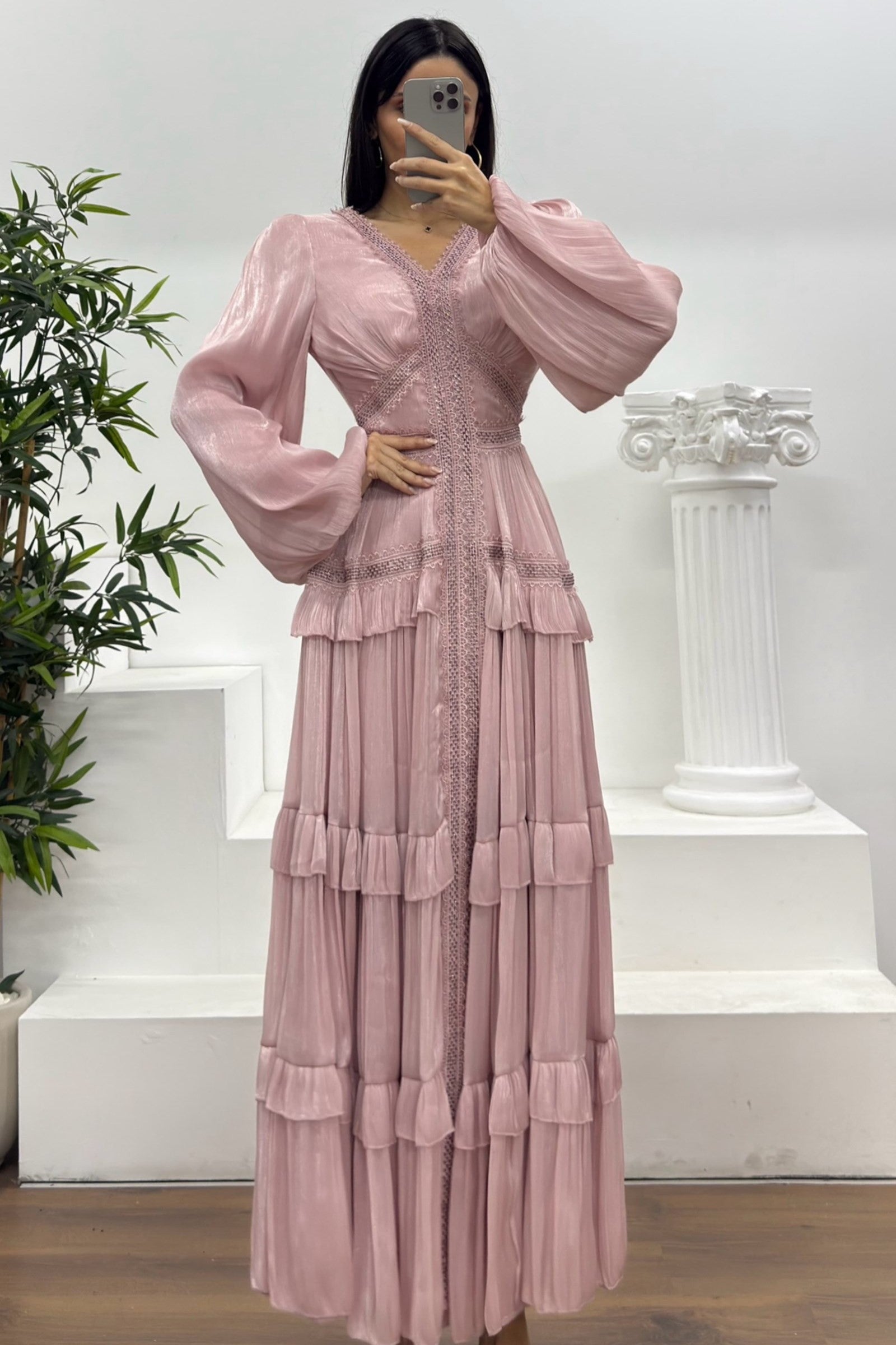 Luxury Rhinestone Embellished V-Neck Lace Patchwork Maxi Dress-Pink