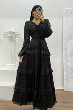 Luxury Rhinestone Embellished V-Neck Lace Patchwork Maxi Dress-Black