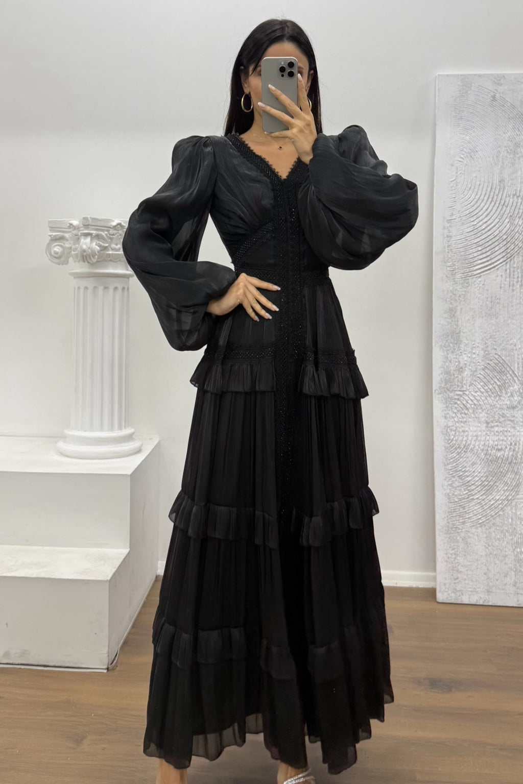Luxury Rhinestone Embellished V-Neck Lace Patchwork Maxi Dress-Black