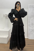 Luxury Rhinestone Embellished V-Neck Lace Patchwork Maxi Dress-Black