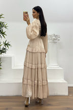 Luxury Rhinestone Embellished V-Neck Lace Patchwork Maxi Dress-Apricot