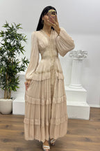 Luxury Rhinestone Embellished V-Neck Lace Patchwork Maxi Dress-Apricot
