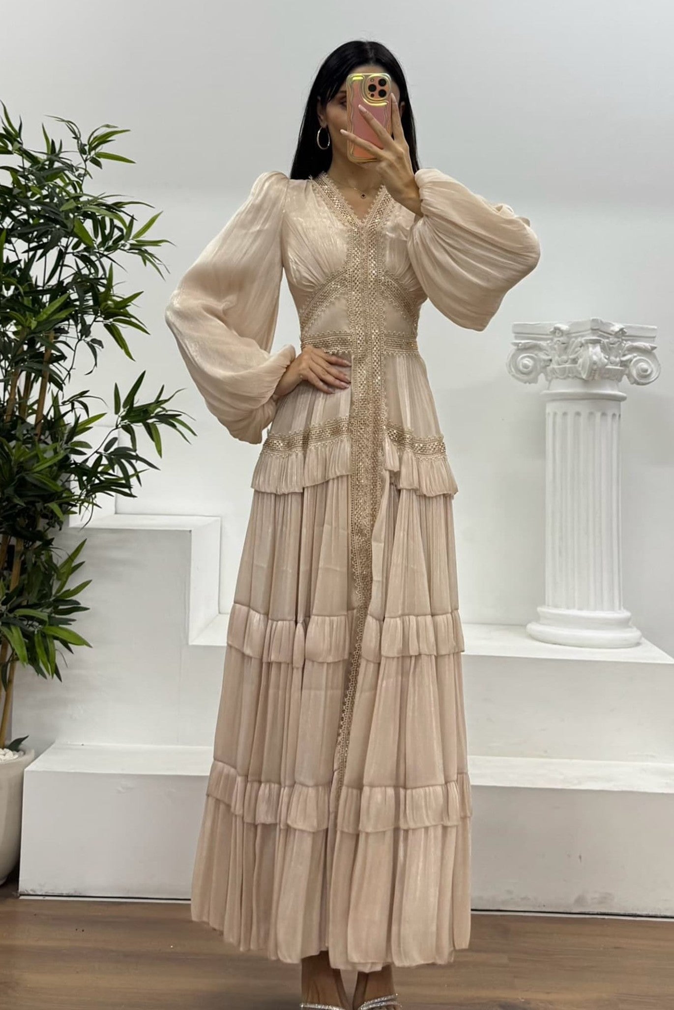 Luxury Rhinestone Embellished V-Neck Lace Patchwork Maxi Dress-Apricot