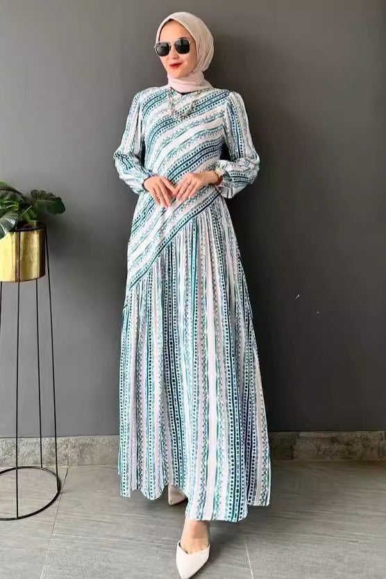 Liora Striped Pleated Modest Maxi Dress
