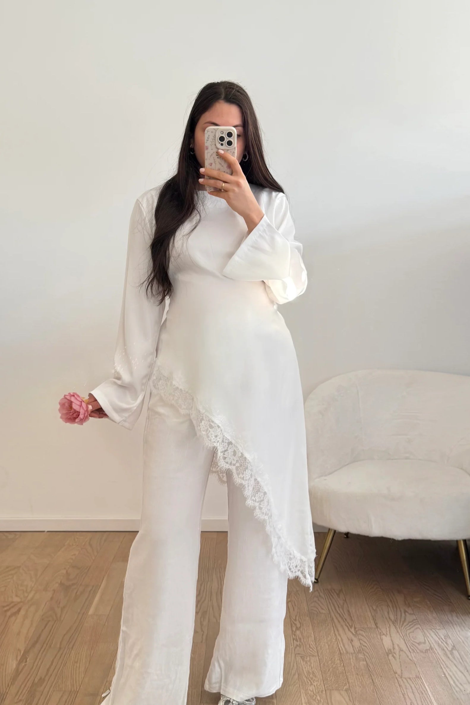 Lace-Trimmed Asymmetric Satin Modest Tunic-White