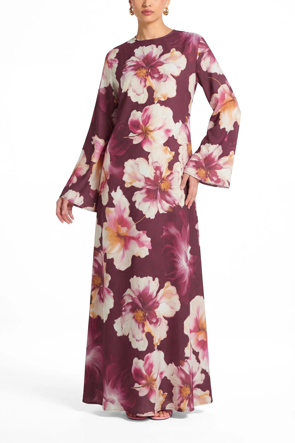Large Floral Print Bell Sleeve Maxi Dress-Wine