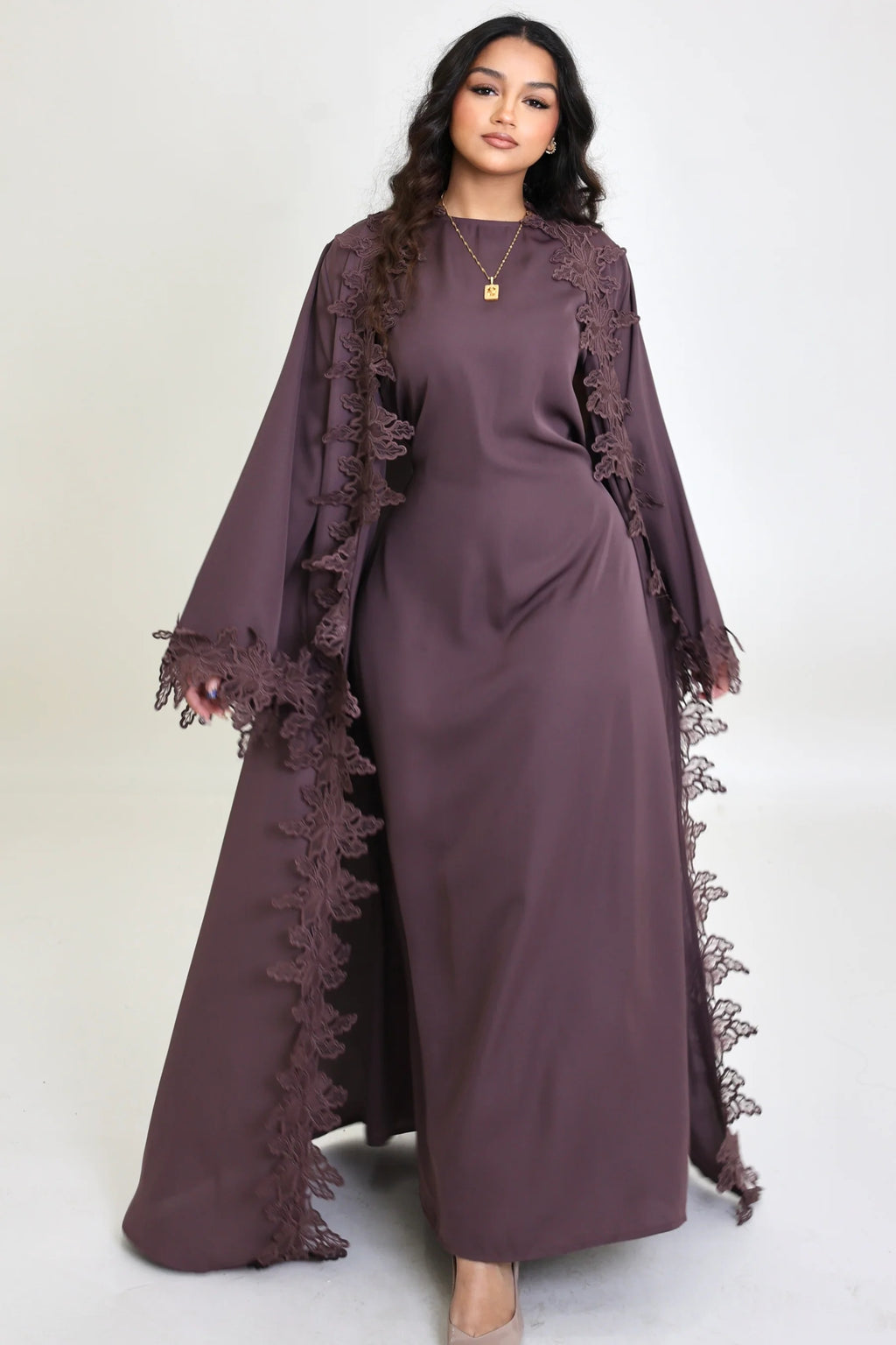 Sahara Floral Lace Trim Two Piece Abaya Set-Purple