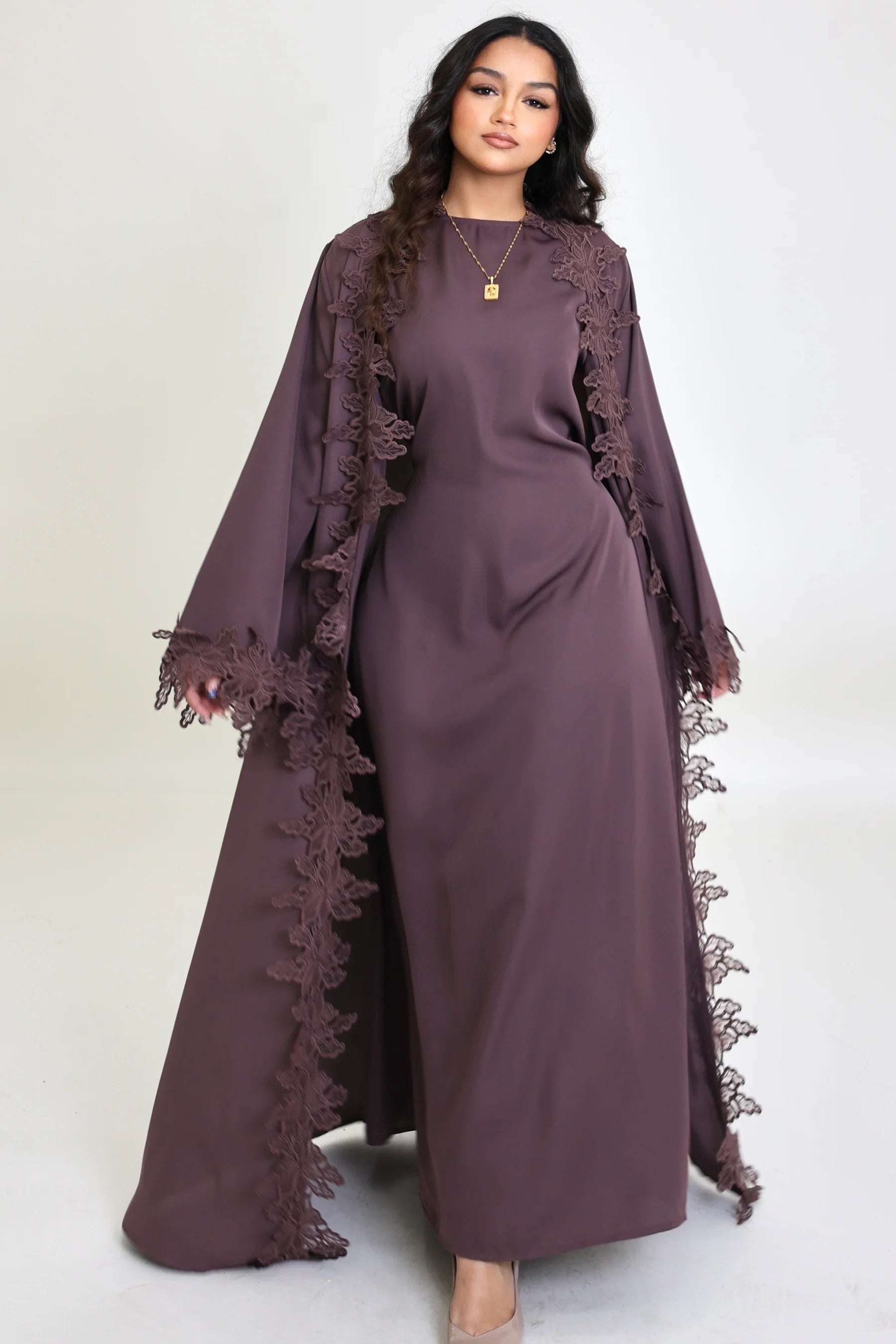 Sahara Floral Lace Trim Two Piece Abaya Set-Purple