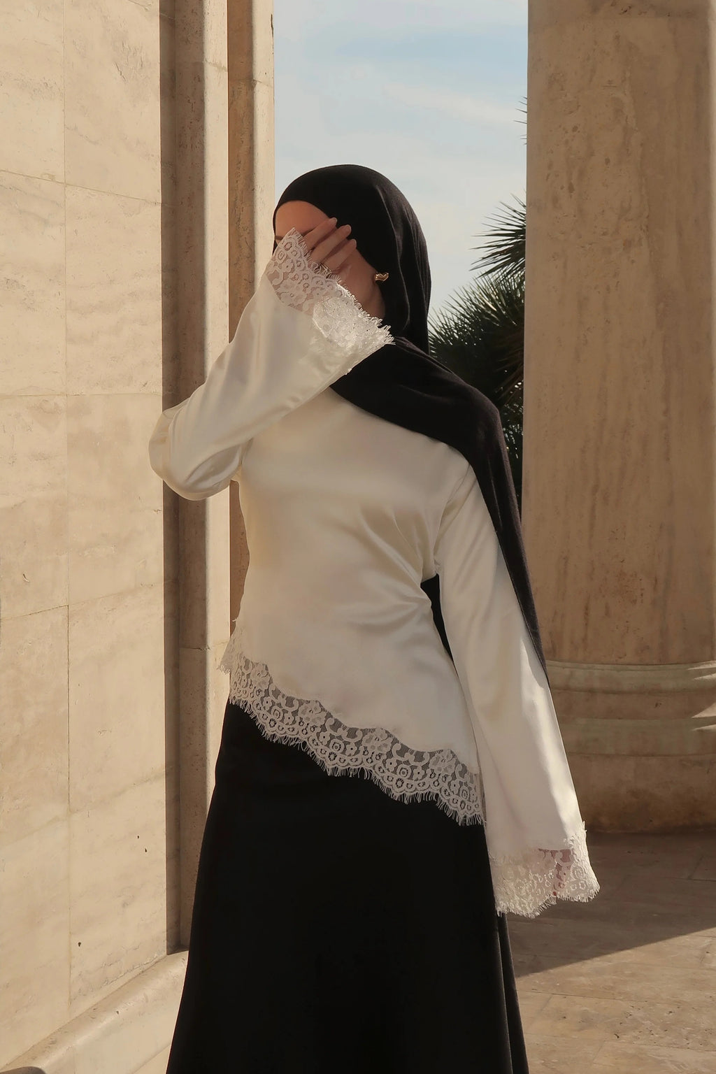 Lace-Trimmed Satin Modest Blouse-White