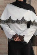 Lace-Trimmed Satin Modest Cape Blouse-White