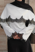 Lace-Trimmed Satin Modest Cape Blouse-White