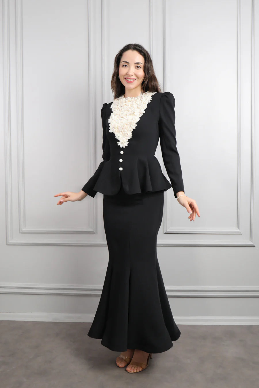 Mary Applique Peplum Skirt Set-Black