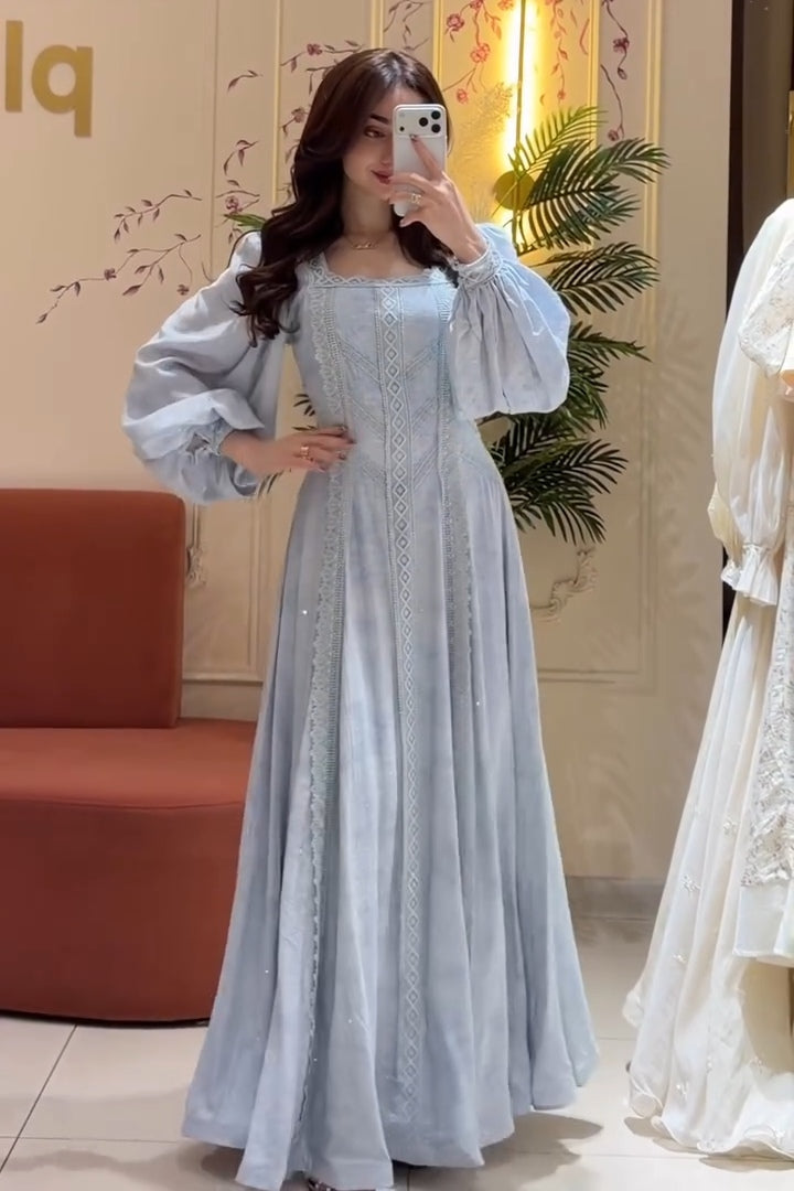 Sylvia Lace Panel Puff Sleeve Maxi-Blue