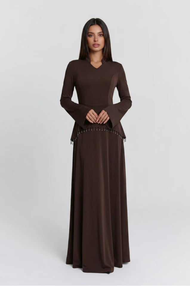 Nur V Neck Beaded Two Piece Abaya-Brown