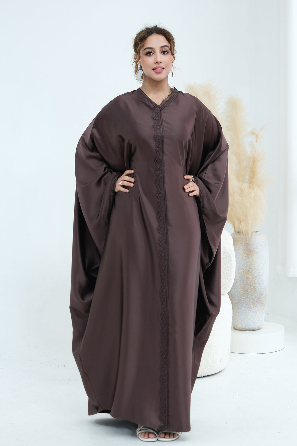 Sara Lace Trim Batwing Satin Abaya-Coffee