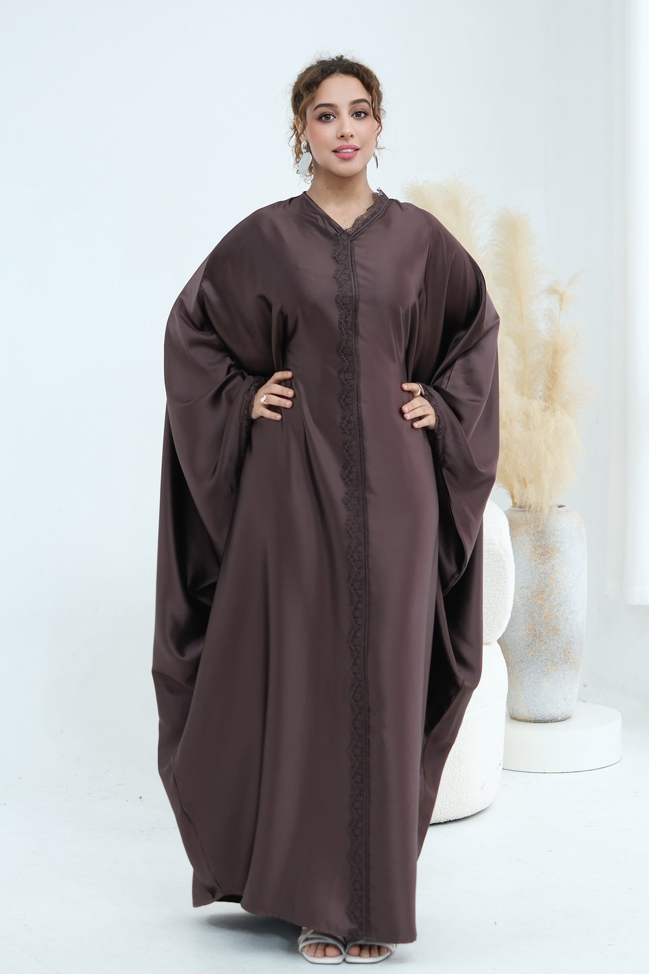 Sara Lace Trim Batwing Satin Abaya-Coffee