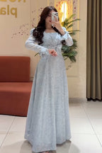 Sylvia Lace Panel Puff Sleeve Maxi-Blue