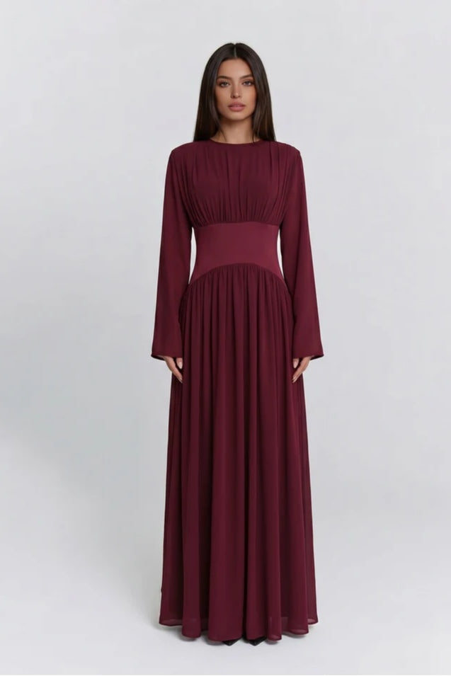 Iris Gathered Waist Flare Sleeve Maxi Dress-Wine