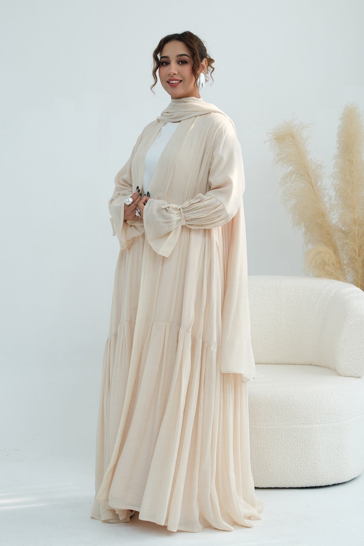 Rahma Tiered Flare Cuff Open Abaya-Apricot