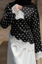 Zahra Polka Dot Lace Trim Satin Blouse-Black