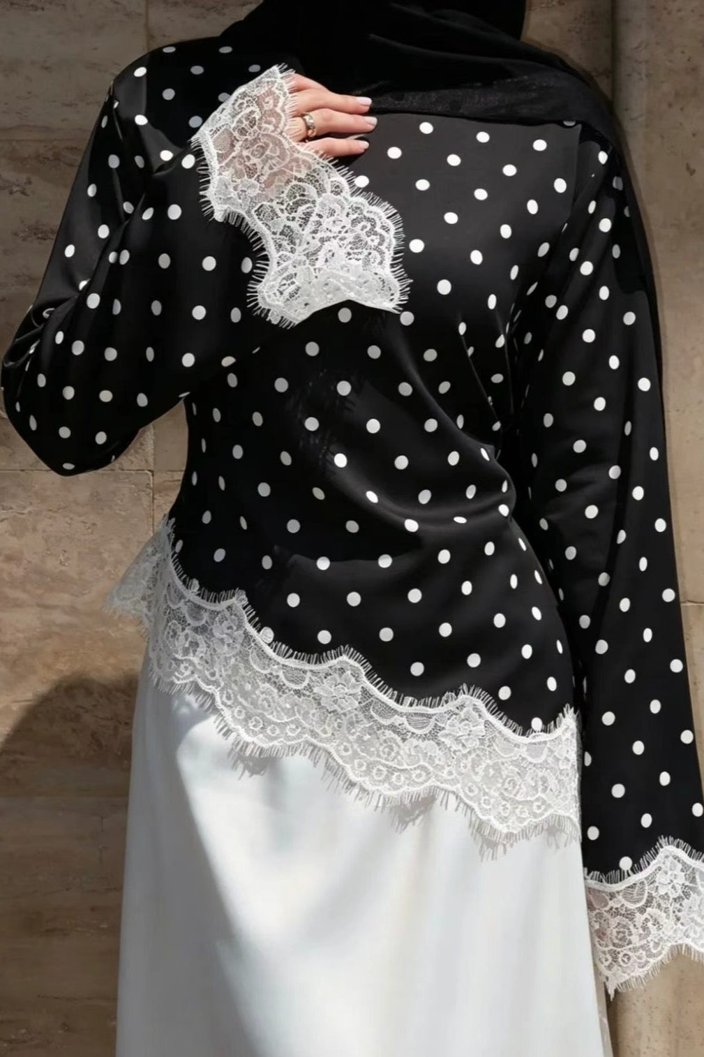 Zahra Polka Dot Lace Trim Satin Blouse-Black