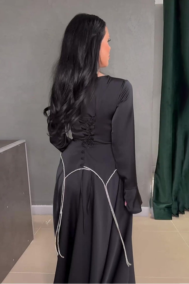 Ayla Flare Sleeve Chain Trim Satin Maxi-Black