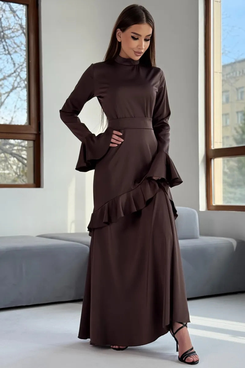 Huda High Neck Flare Sleeve Ruffle Maxi Dress-Brown
