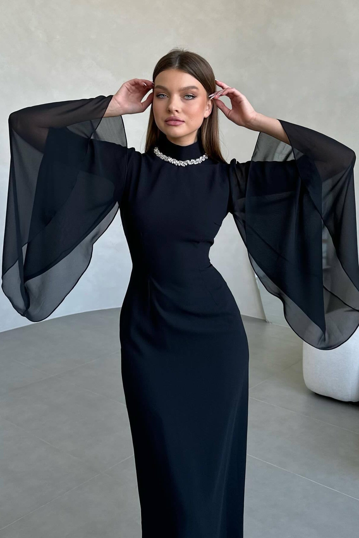 Clara Rhinestone Neck Flare Sleeve Midi Gown