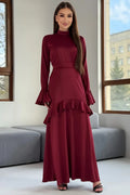 Huda High Neck Flare Sleeve Ruffle Maxi Dress-Red