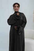 Basma Lace Cuff Stand Collar Long Abaya-Black