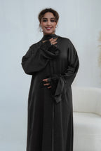 Basma Lace Cuff Stand Collar Long Abaya-Black