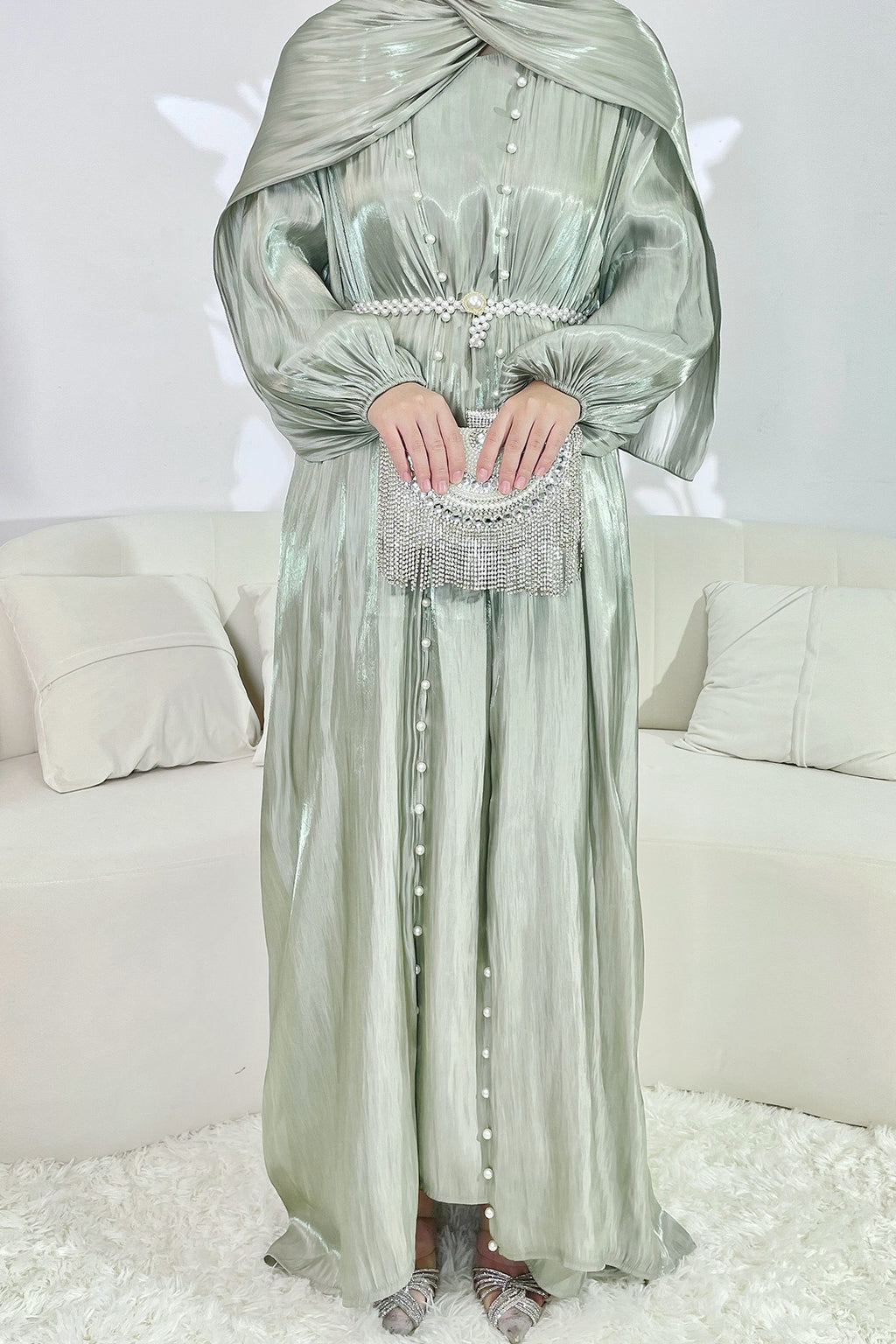 Maya Pearl Belt Shimmer Three-Piece Co-ord-Green