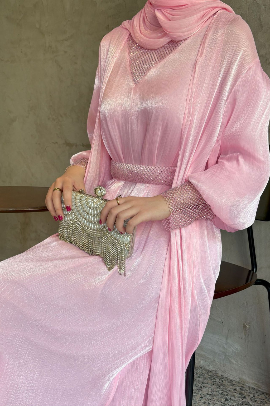 Sara Rhinestone Cuff Two-Piece Abaya-Pink