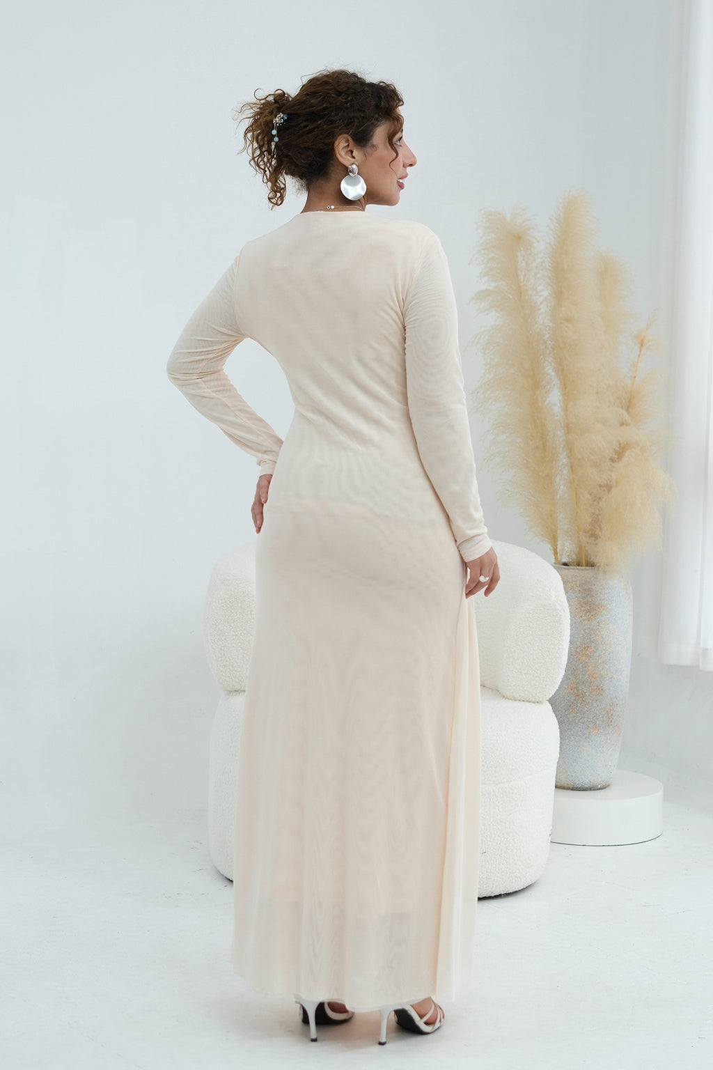 Grace Woven Mesh Maxi Dress-Apricot