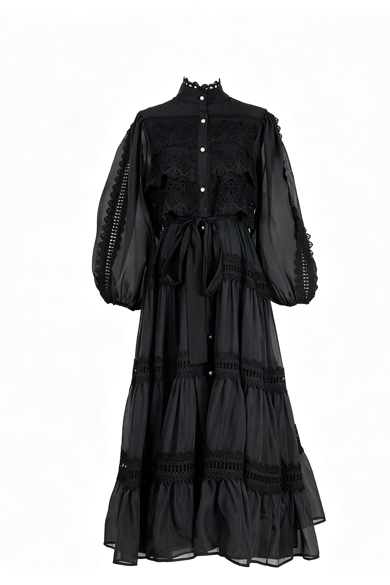 Lulu Lace Tiered Tie Waist Midi-Black