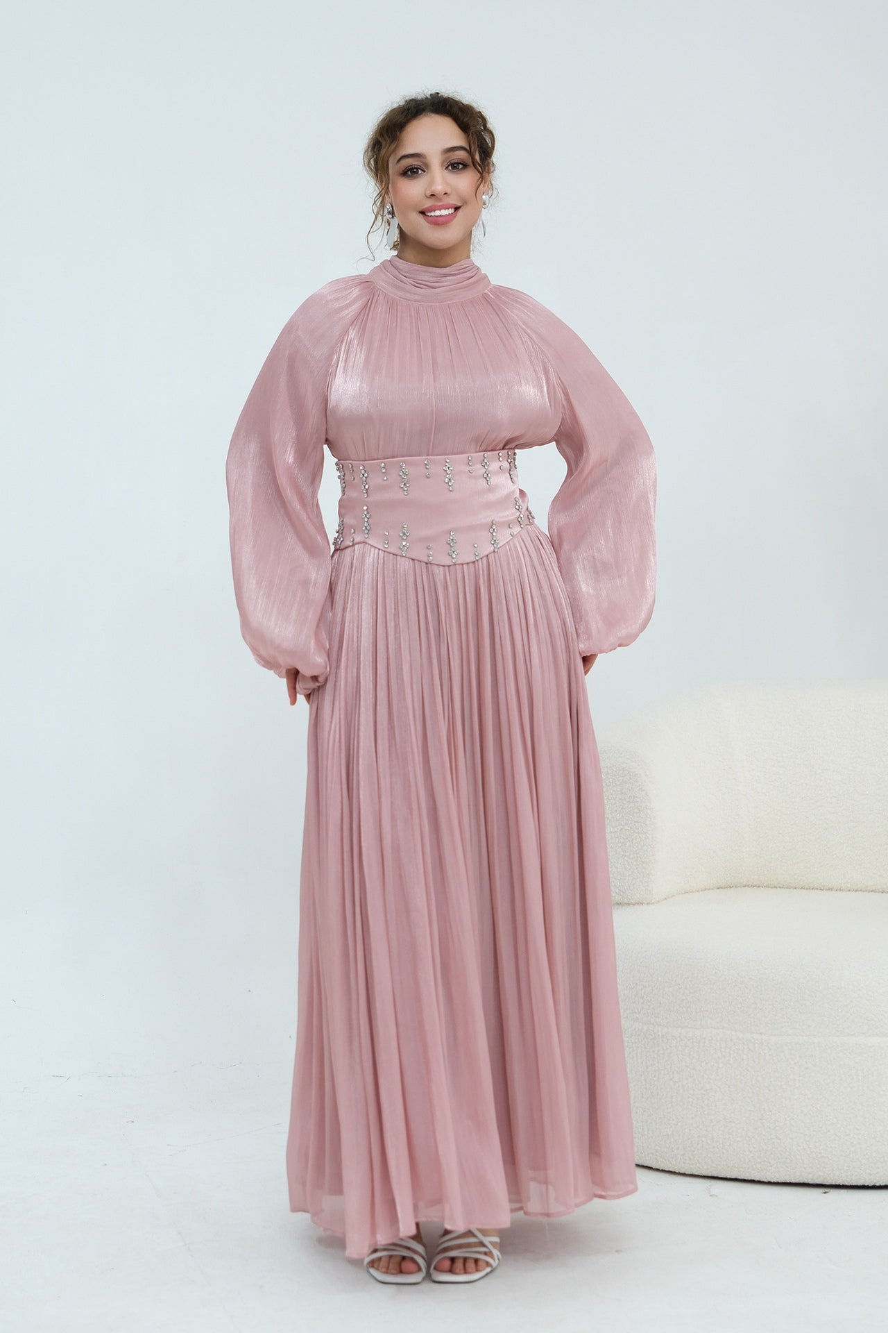 Rania Beaded Waist Shimmer Maxi-Pink