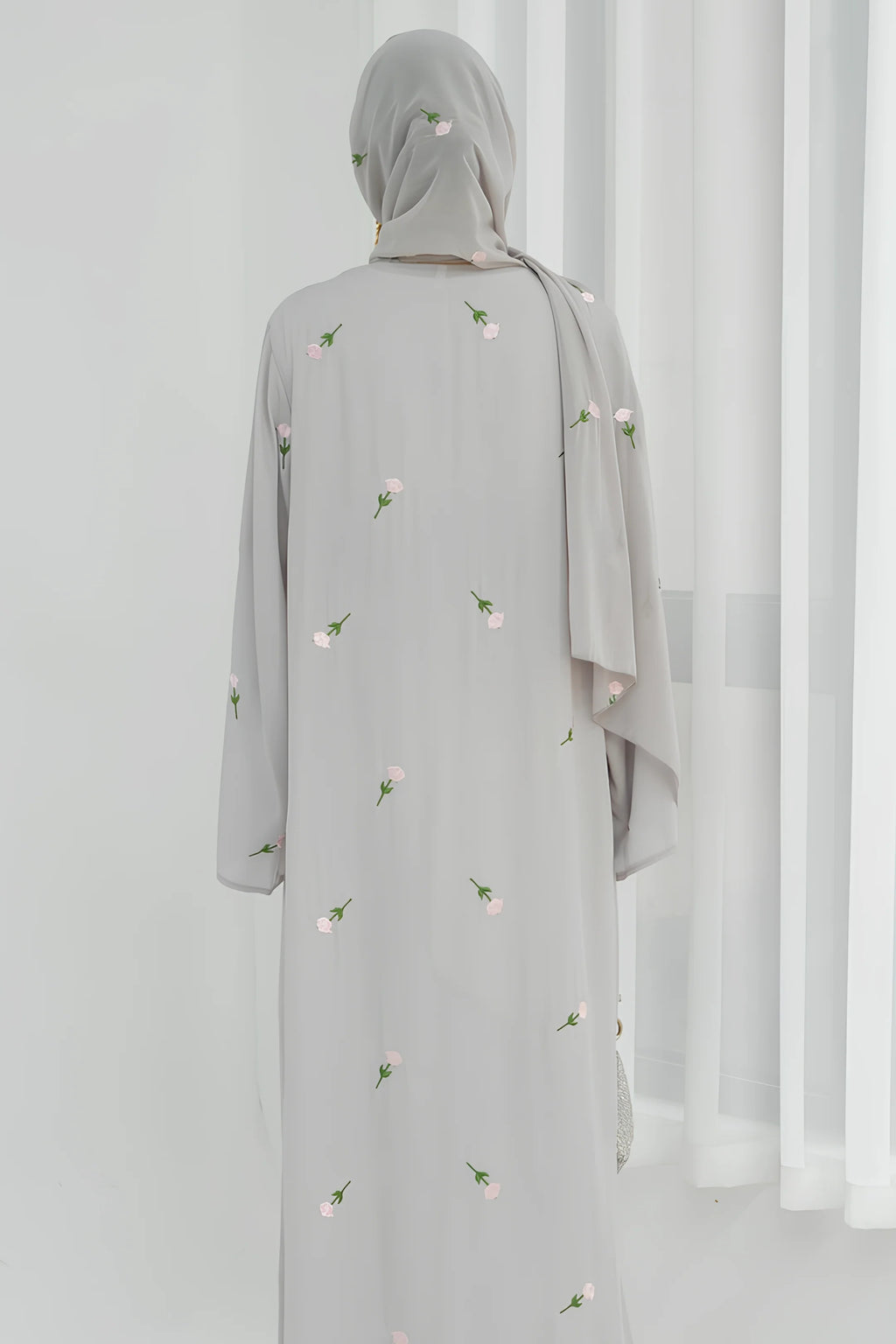 Floral Embroidered Abaya & Hijab Set-Grey