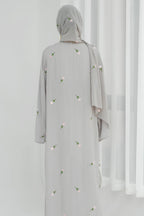 Floral Embroidered Abaya & Hijab Set-Grey