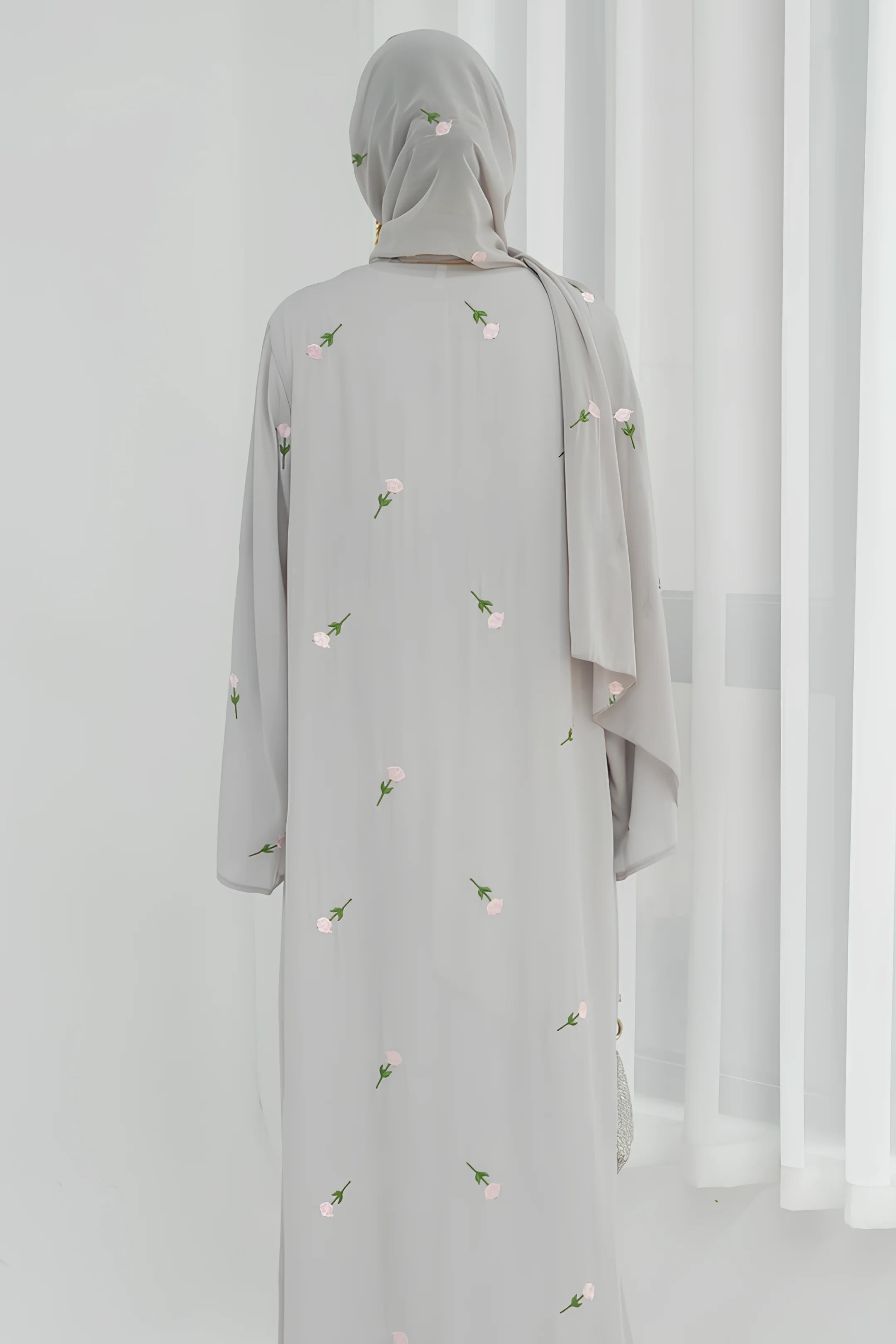 Floral Embroidered Abaya & Hijab Set-Grey