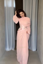 Aria Tulip Embroidered Ruched Shawl Maxi Dress-Pink