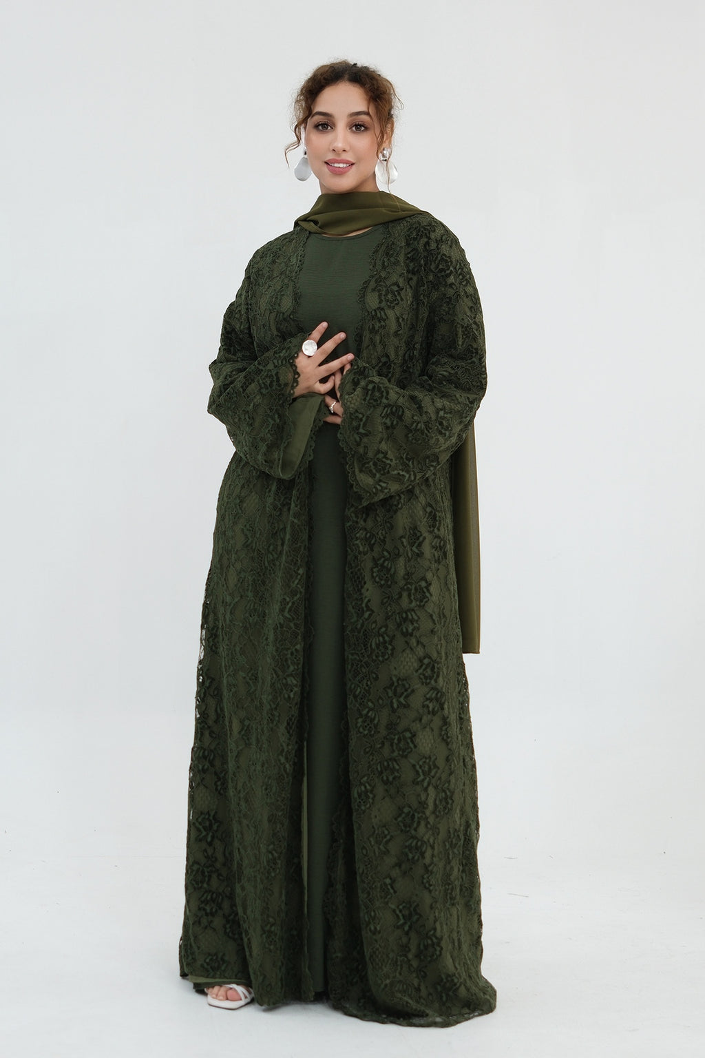 Nurul Floral Lace Open Front Long Abaya-Green