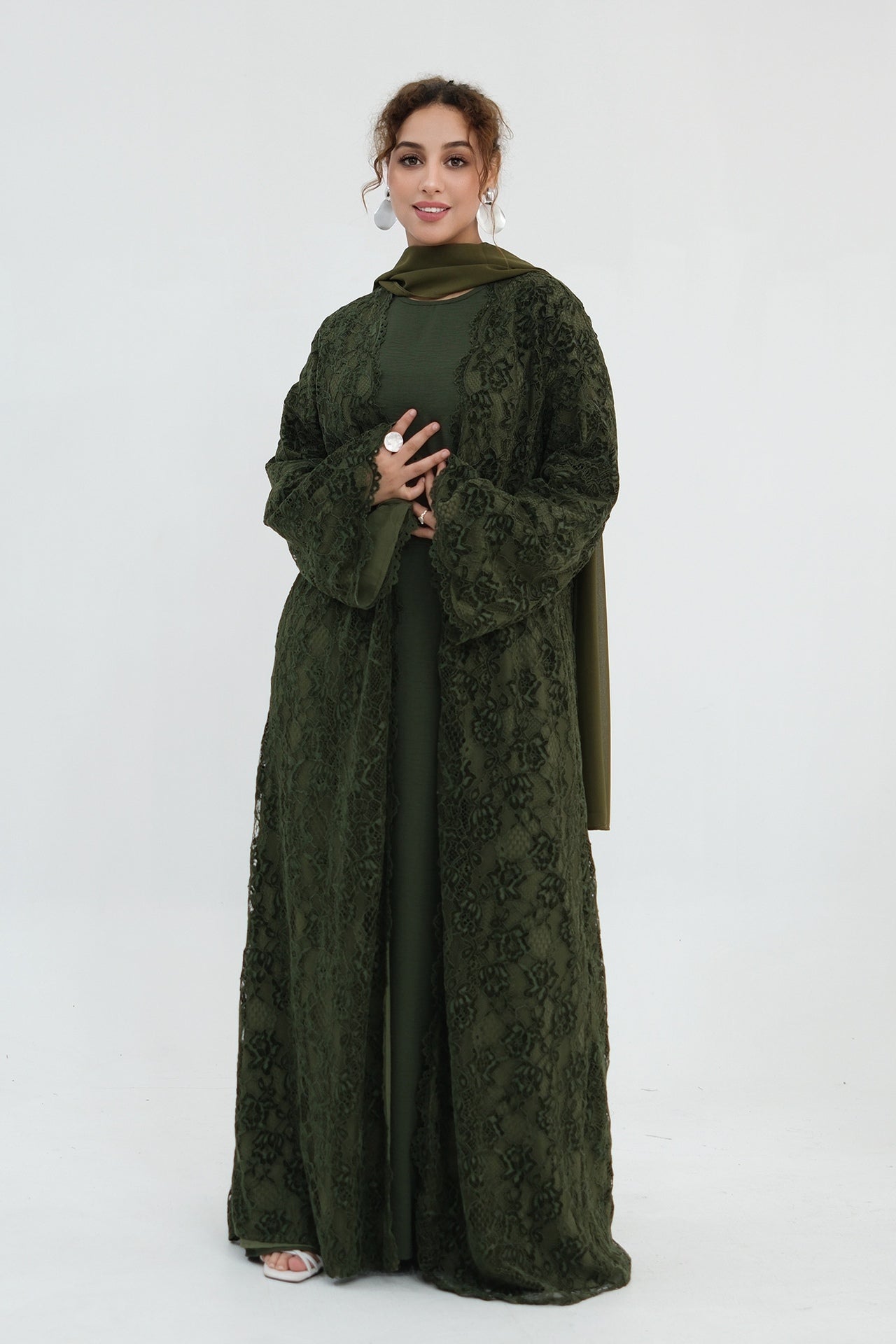 Nurul Floral Lace Open Front Long Abaya-Green