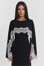 Lace-Trimmed Cape Overlay Modest Maxi Dress-Black