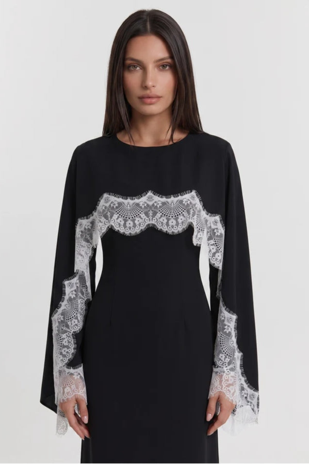 Lace-Trimmed Cape Overlay Modest Maxi Dress-Black