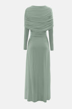 Draped Long-Sleeve Maxi Dress-Green