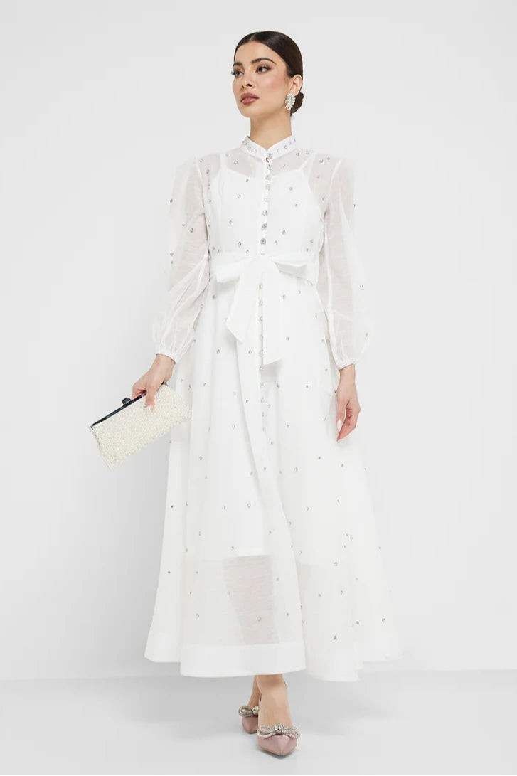 Rhinestone Sheer Tie Midi Dress-White