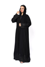 Zahra Sequin Lace Trim Hooded Open Abaya