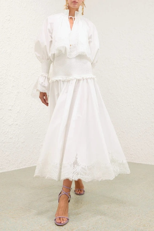 Kiara Embroidery Smocked Waist Maxi Dress