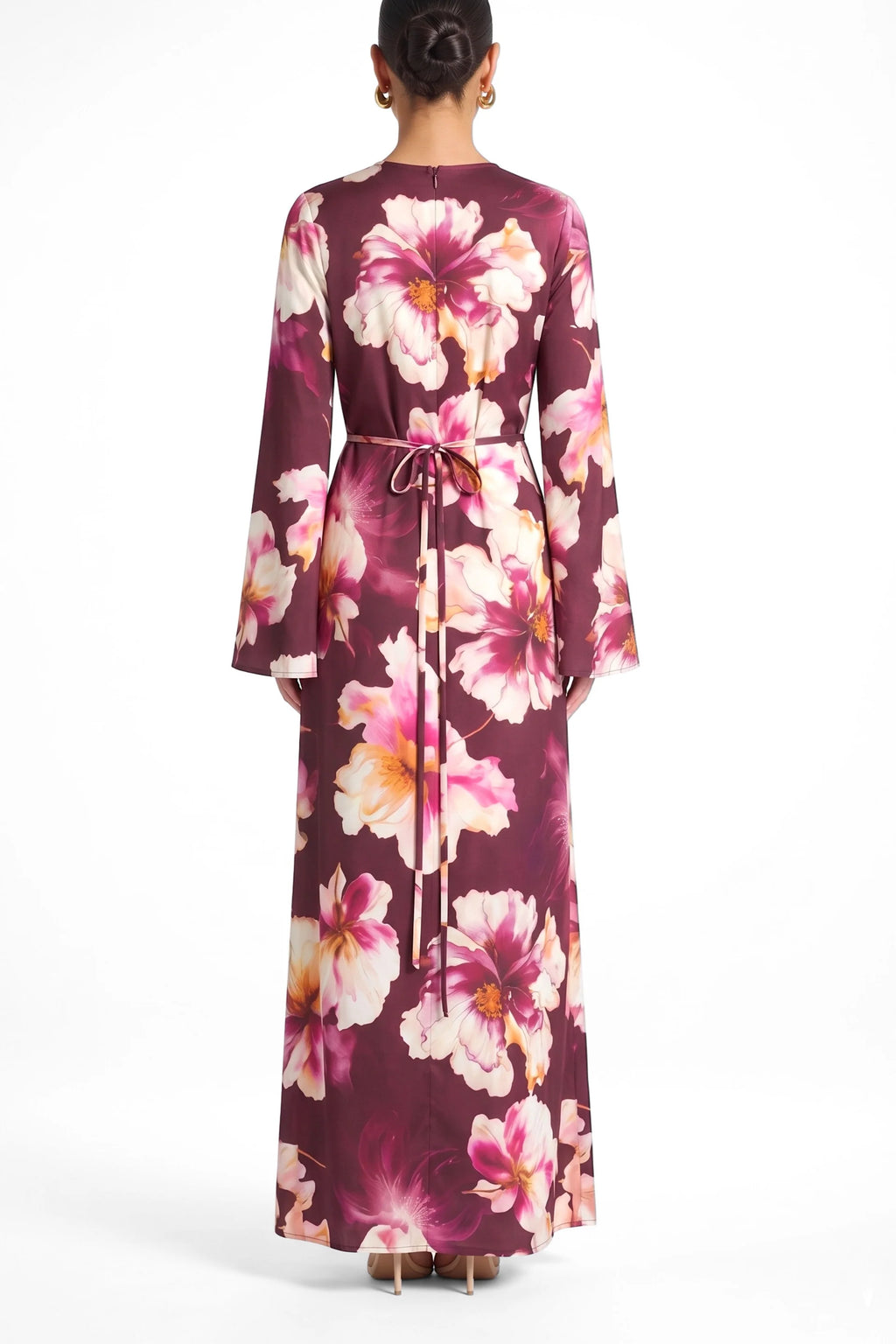 Large Floral Print Bell Sleeve Maxi Dress-Wine